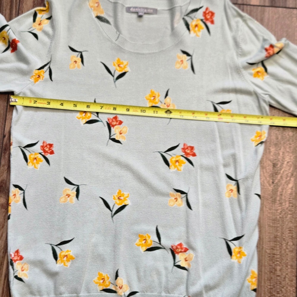 Daniel Rainn Light BlueGreen Floral Print Knit Sweater Top XL Short Sleeve - Picture 5 of 8